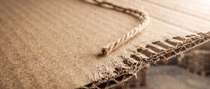 Macro view of raw corrugated cardboard packaging edge with a frayed rope in warm industrial lighting