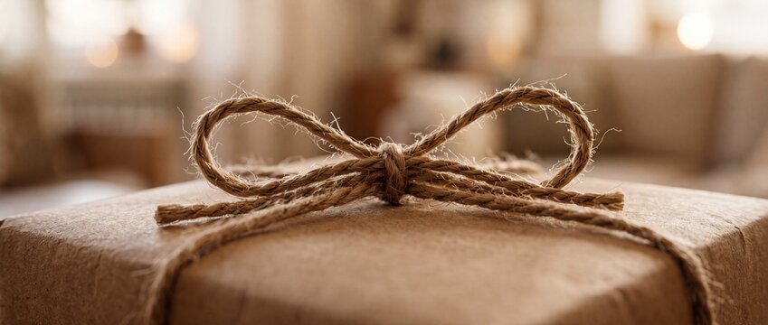 Close up of rustic gift box wrapped in brown kraft paper with natural twine string bow knot on warm cozy blurred background
