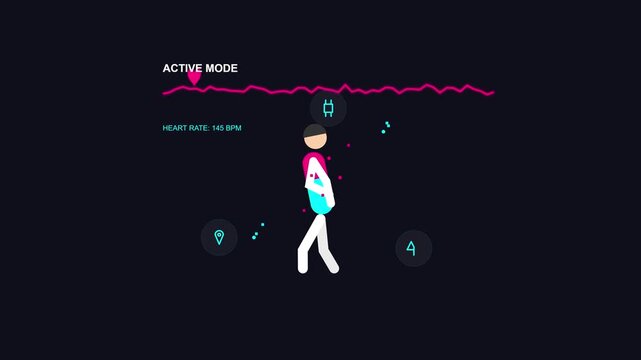 Stylized fitness tracker animation showing runner with heart rate data and active mode
