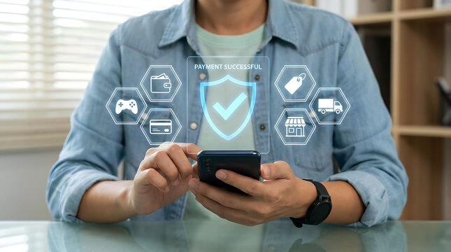 Person using a smartphone to make a secure online payment with digital icons