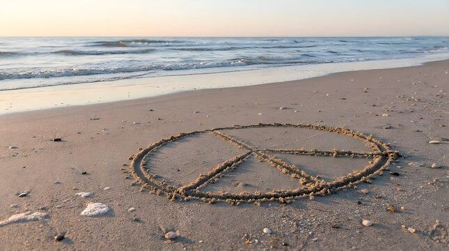 Peace symbol drawn in sand on a quiet beach