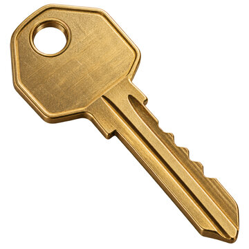  single brass key featuring a notched blade and a rounded rectangular bow with a circular hole for attachment.