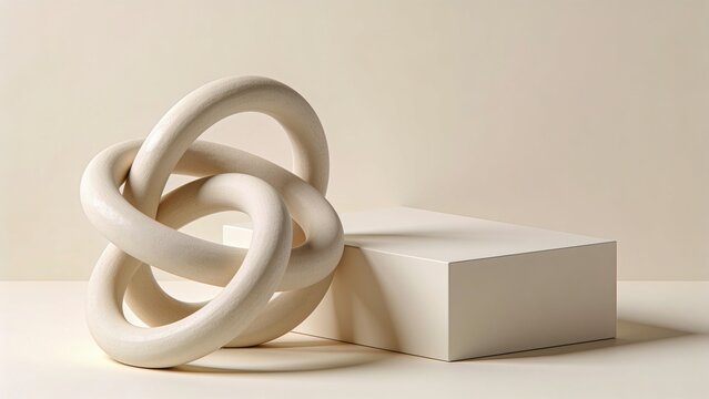 3d rendered podium beside abstract ceramic ring loop sculpture