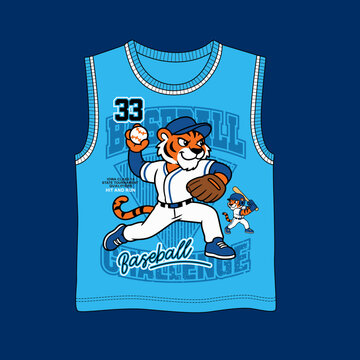 Cute tiger character playing baseball kids sleeveless t-shirt design