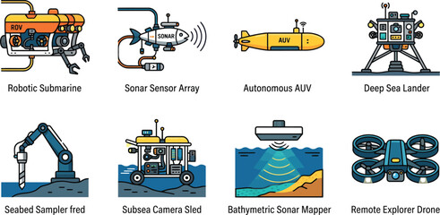 Underwater exploration robot icons, autonomous AUV and robotic submarine set, deep sea lander and sonar sensor array vector illustrations © BestDigitalCreator