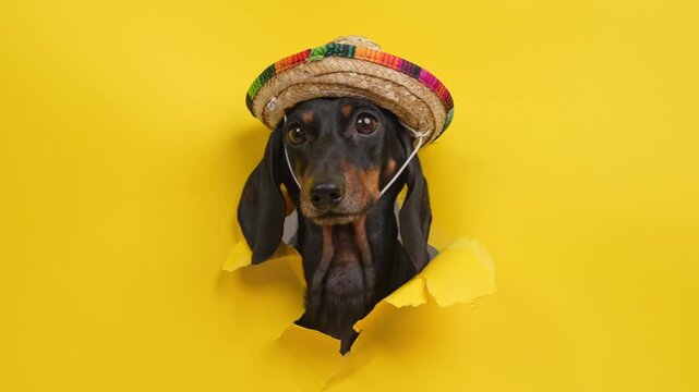 A black and tan dachshund dog in a small straw sombrero with colorful trim pokes its head through a ragged hole in yellow paper, tilting slightly and looking at the camera with big brown eyes.