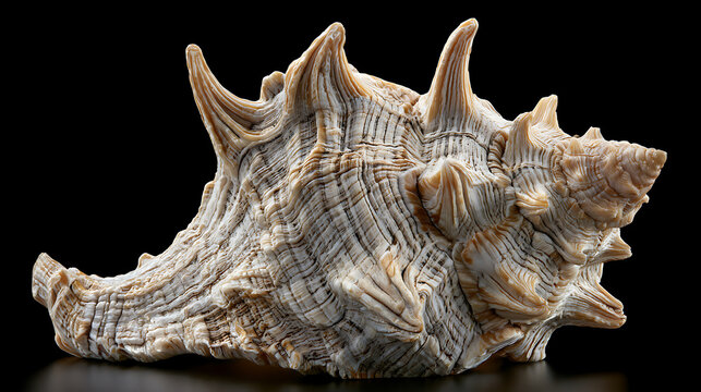 Large natural seashell with intricate spiral ridges rests against a black background