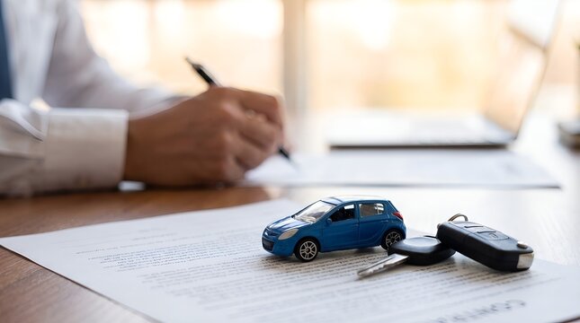 Car Loan and Insurance Concept with Toy Car and Contract
