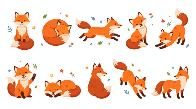 Collection of cute orange fox characters in various active and resting poses for kids design
