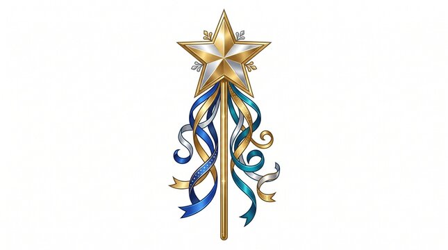 Decorative golden star magic wand with festive blue and yellow ribbons