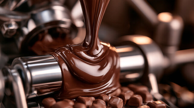 Melted Chocolate Pouring Over Industrial Machine Roller In Sweet Factory Production