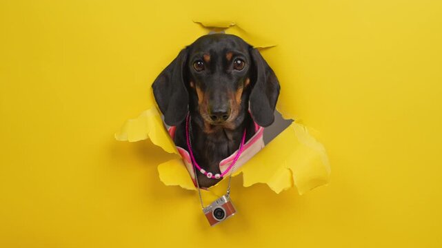 A black and tan dachshund dog wearing a striped shirt and a compact film camera on a pink beaded strap leans out of a ripped opening in bright yellow cardboard, a photography hobby idea.