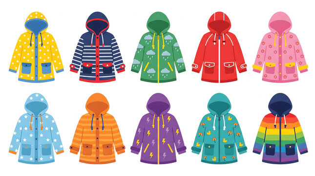 Set of vibrant waterproof rain jackets for kids featuring clouds stars and rainbow patterns