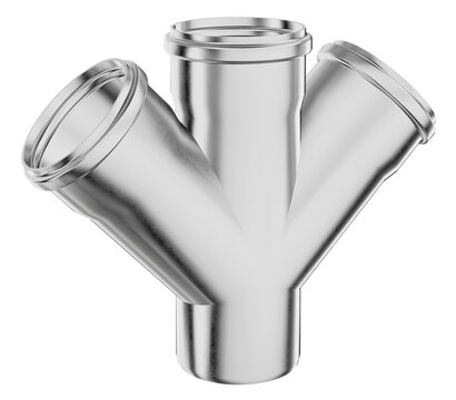 realistic 3d technical render of a cev industrial stainless steel double branch pipe connector with brushed metallic texture and studio lighting in three-quarter isometric view.