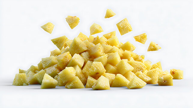 Scattered pineapple chunks fall against a plain white background