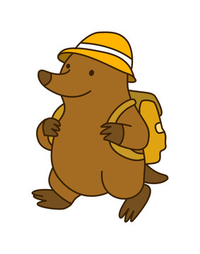 Explorer Mole Walking With Backpack And Yellow Safari Hat