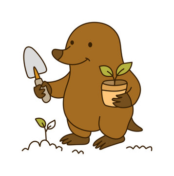 Brown Mole Holding Garden Trowel And Potted Seedling Plant