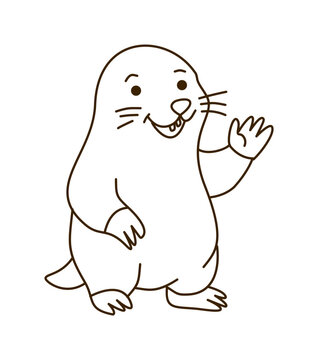 Friendly Mole With Whiskers Waving Hand Outline Drawing Style