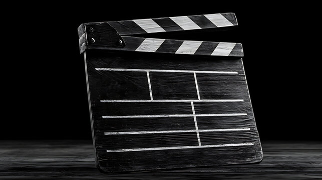 Vintage black and white clapboard rests on a wooden surface