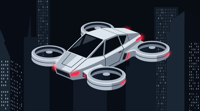 Futuristic flying car vehicle with propellers in the sky.