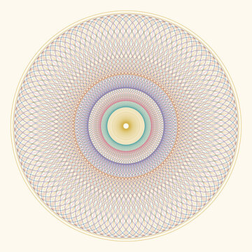 Circular guilloche pattern with colorful lines for security.