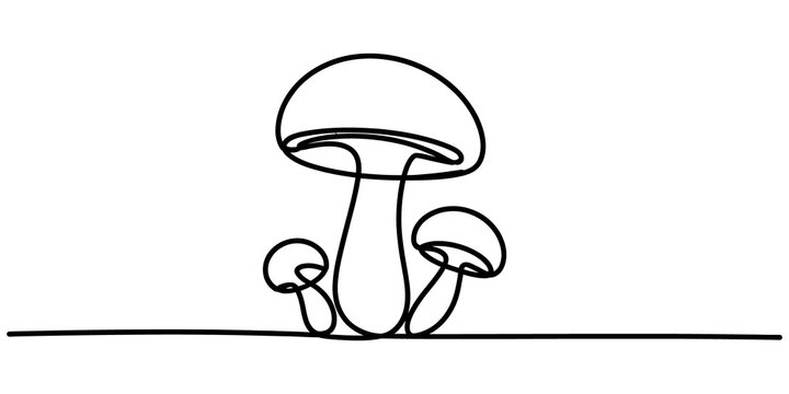 Continuous single line drawing of three mushrooms growing in the forest