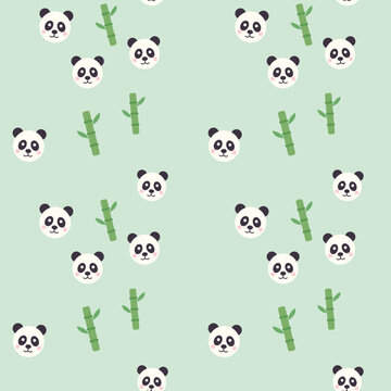 Cute panda faces and bamboo stems on light green background.