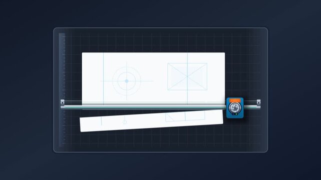 Automated digital plotter machine cutting paper with technical blueprint