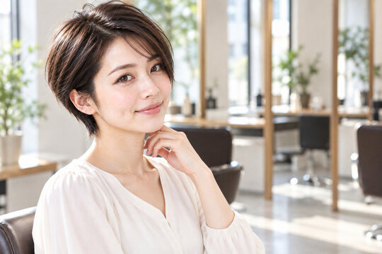 Young Japanese woman with pixie haircut in a bright hair salon