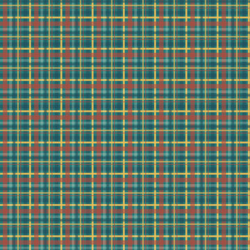 Plaid fabric pattern in teal red and yellow colors.