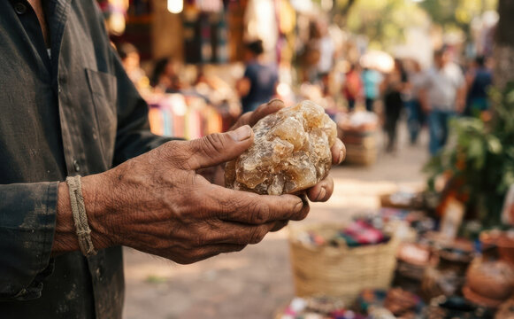 Middle-aged man holding raw copal incense resin in hands at outdoor craft market