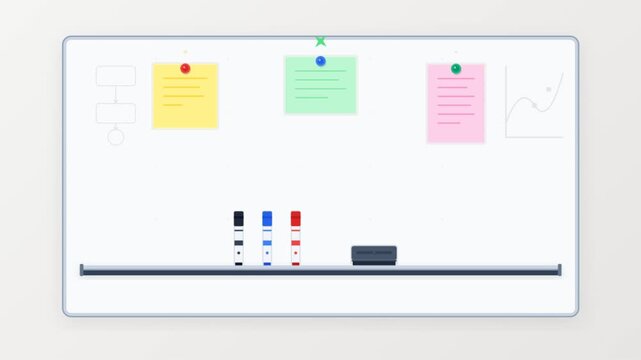 Colored markers and eraser dropping on white board ledge with notes