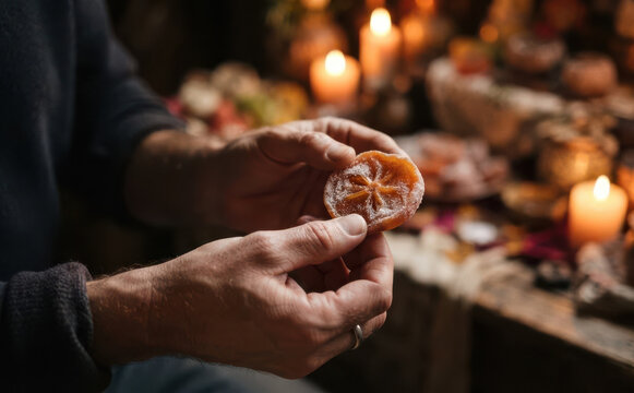 Middle-aged man holding a slice of dried persimmon in a warm cozy rustic kitchen setting by candlelight