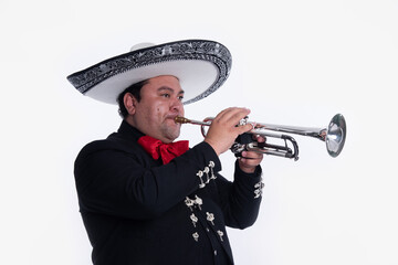 Medium Profile Portrait of Mariachi Trumpeter Playing Silver Instrument on White © JESSICA
