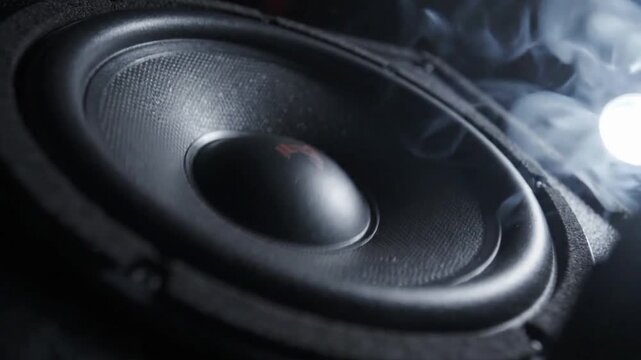 Close up of moving sub woofer music speakers vibrating in a dark space