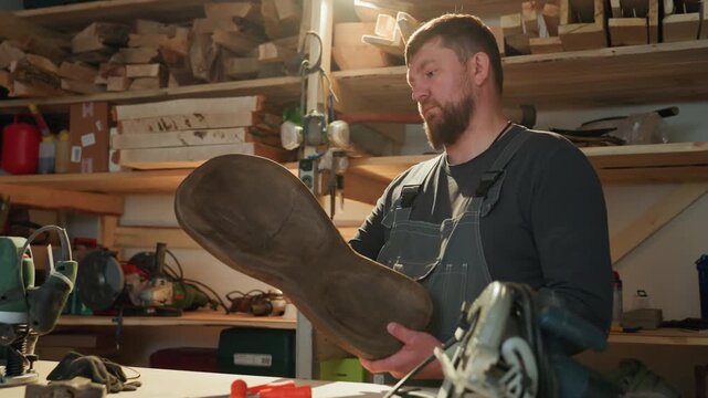 Craftsman examines large piece of shaped wood within workshop filled with tools. Man inspects item closely turning it over in his hands to check for quality