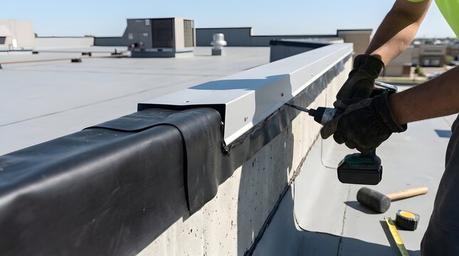 Installing parapet wall coping cap captured in high resolution studio setting with soft natural ambient lighting clean composition generous copy space horizontal perspective for commercial