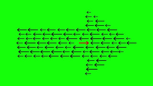 Large arrow made of many small black arrows pointing left with one red arrow pointing right, concept of individuality and going against the flow