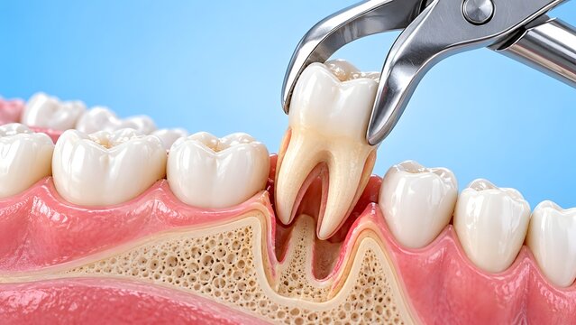Close up of dental extraction with forceps removing a molar tooth from the jawbone illustrating oral surgery and dental care procedures.