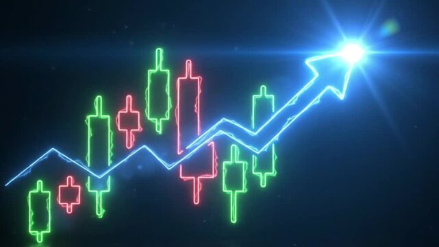 Neon stock market candlestick chart with rising arrow, glowing financial growth graph, digital trading data visualization showing bullish trend