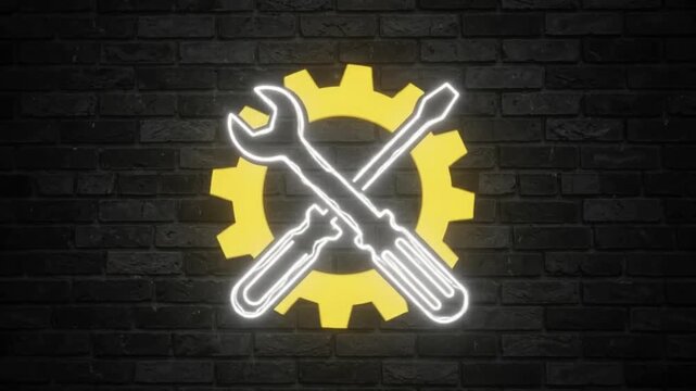Neon repair tools icon on black brick wall, glowing yellow gear with crossed wrench and screwdriver, industrial maintenance and service concept
