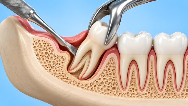 Close up 3D illustration of a dental extraction showing forceps gripping a tooth root being removed from the jawbone with healthy teeth nearby.
