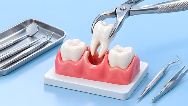 Dental extraction procedure Forceps removing a tooth from a model jaw with dental instruments on a blue background 3D render