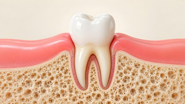 Detailed 3D anatomical cross section of a healthy human tooth showing enamel dentin pulp root and surrounding bone and gum tissue for dental education and health concepts.
