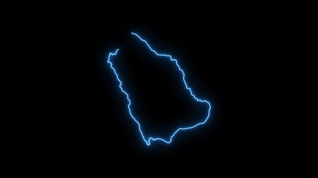 Glowing neon outline map of saudi arabia, animated digital border on black background