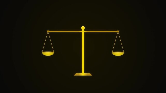 Glowing golden scales of justice symbol representing law and equality on black background