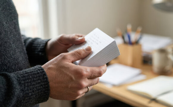 Man holding a stack of index cards in a home office studying or organizing notes