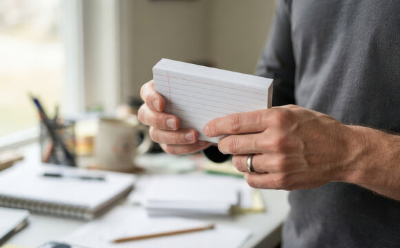 Man holding index cards in an office for studying and note taking