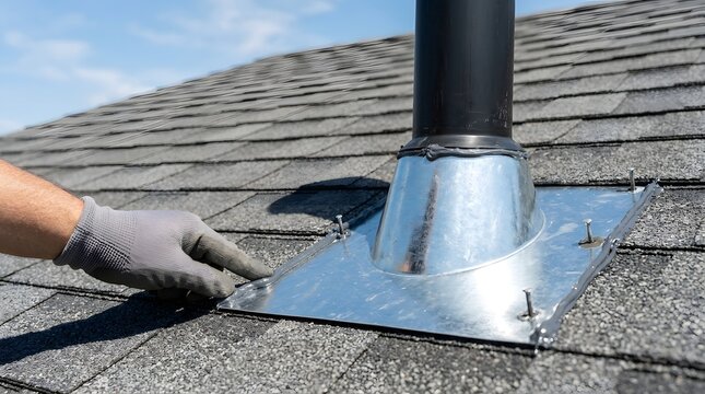 Installing flashing on roof vent captured in high resolution studio setting with soft natural ambient lighting clean composition generous copy space horizontal perspective for commercial advertising
