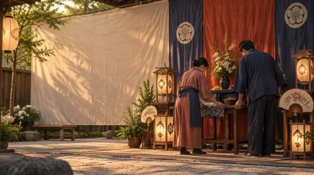 Japanese Courtyard with People in Traditional Clothing and Lanterns